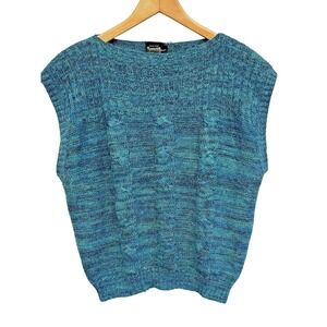 VTG Sweater Vest Cable Knit Blue Teal‎ Acrylic Present Tense Size M/L